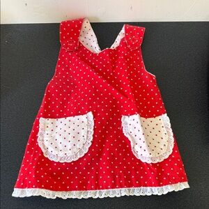Red Heart Print Pinafore Dress with White Lace Pockets 90’s